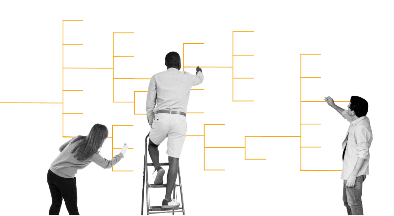 Three people updating a classification system.