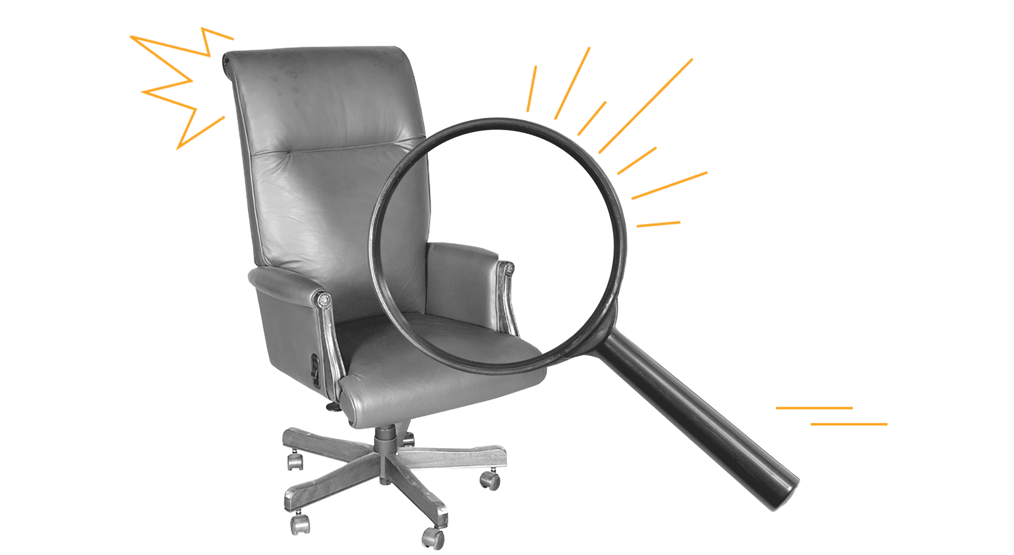 A magnifying glass looking at an office chair.