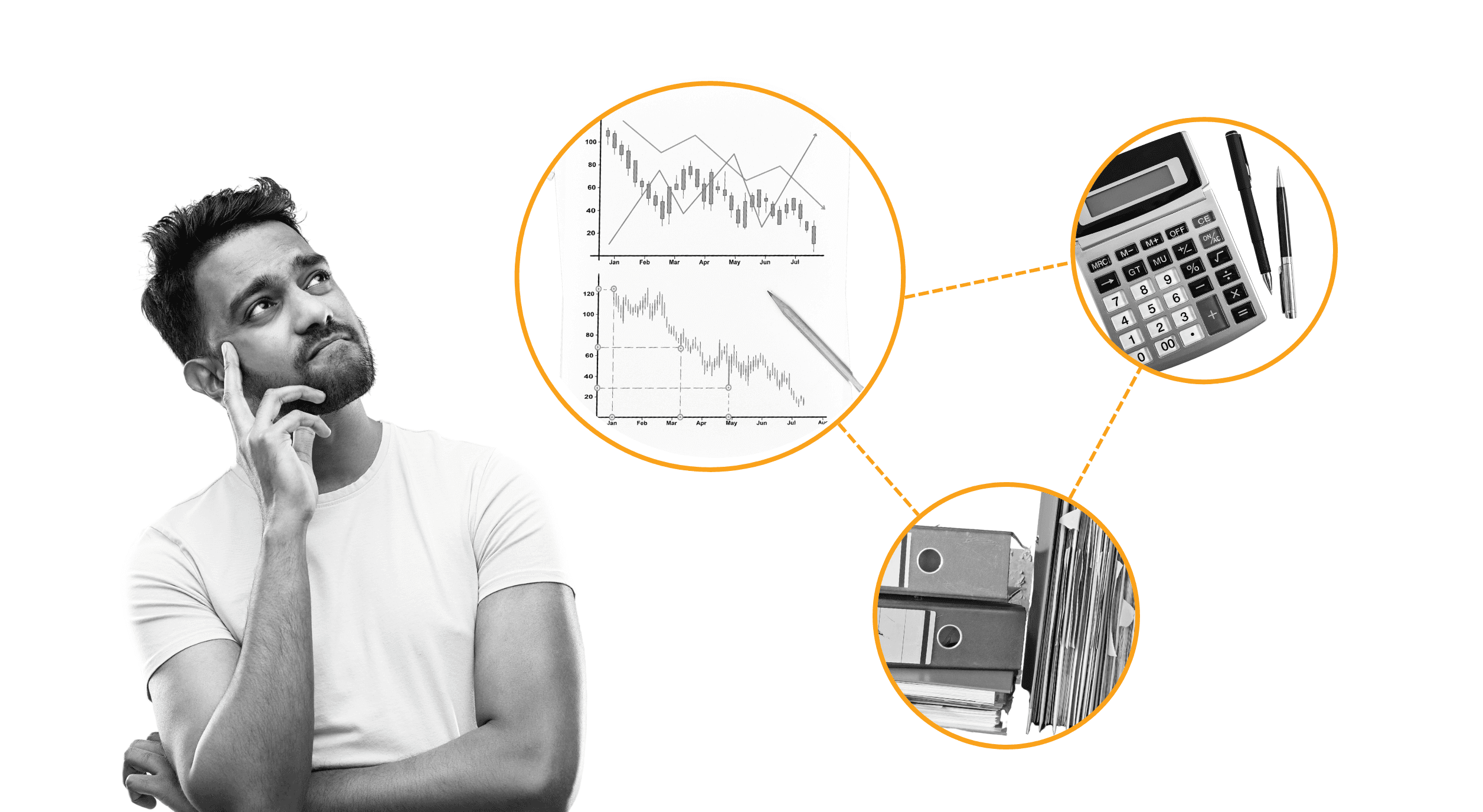 A man thinking about different types of financial data.