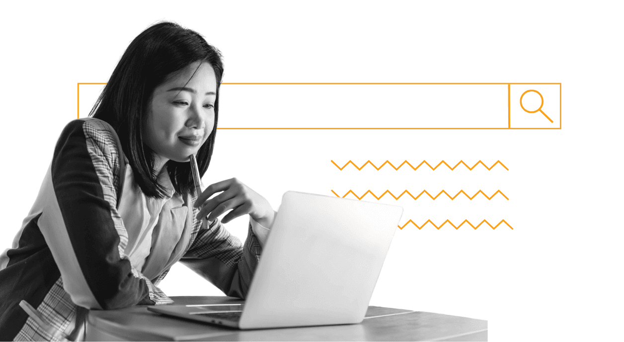 An illustration of a woman looking at a laptop, with a search box and wavy lines for text in the background.
