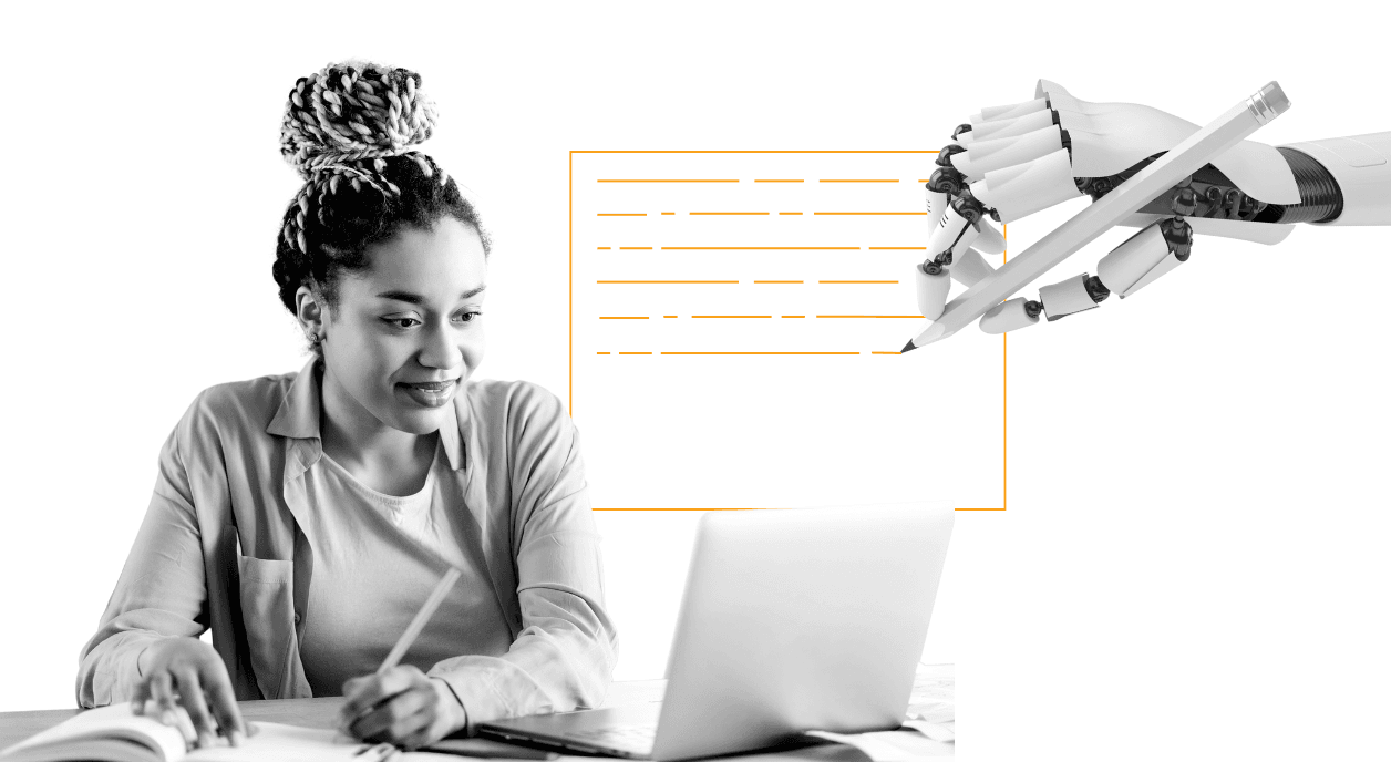 A woman writing a grant proposal with the help of AI.